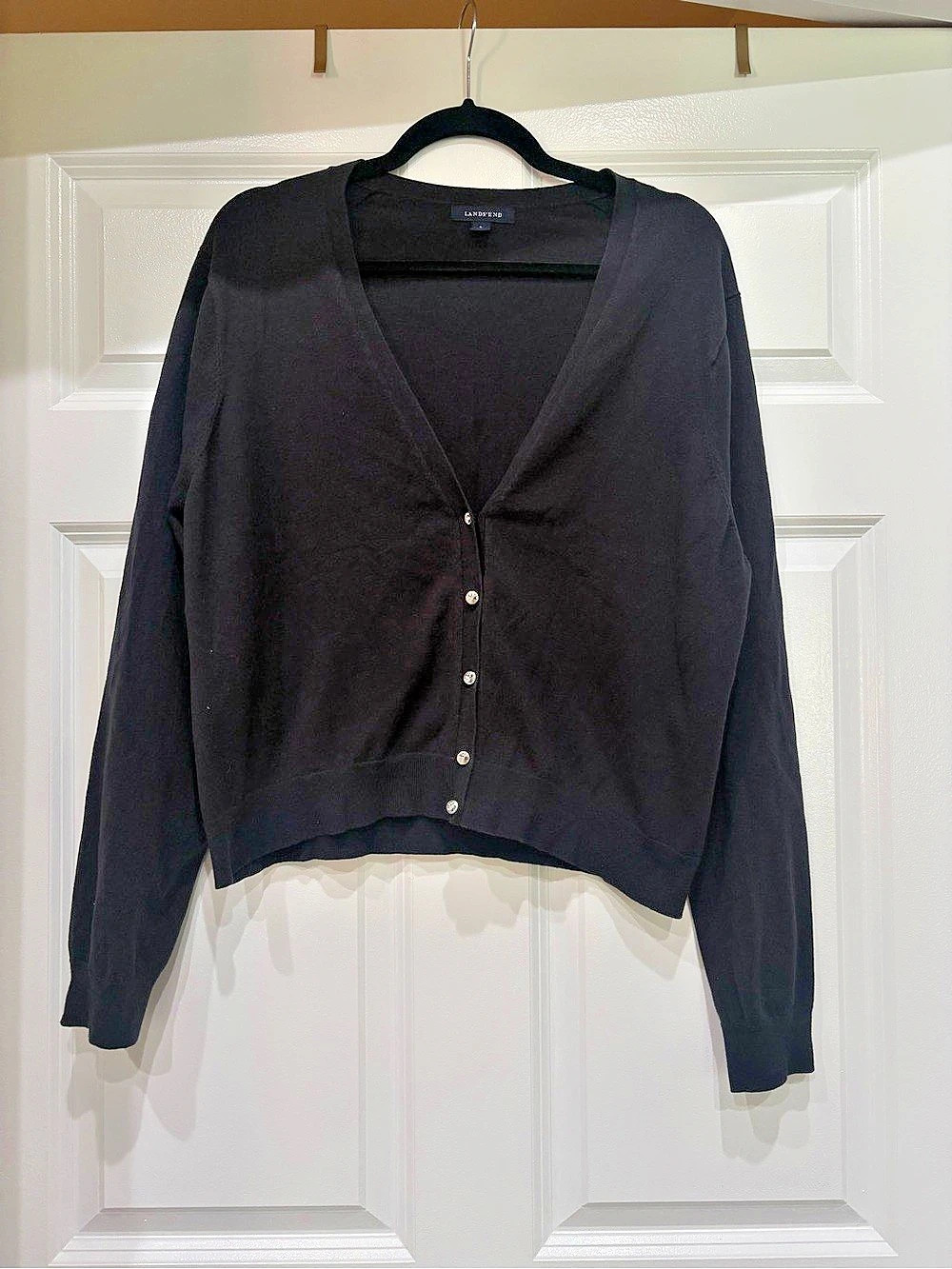 Lands' End Women's V-Neck Button Front Cardigan Sweater Black Button-Front